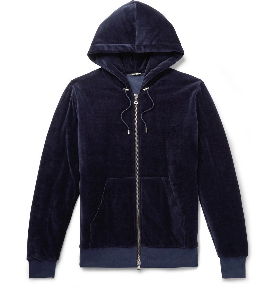 Balmain - Cotton-Blend Velvet Zip-Up Hoodie - Midnight blue Balmain