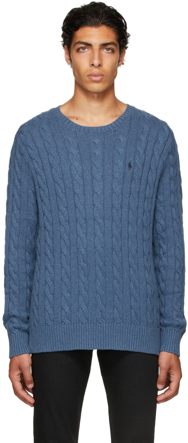 Polo Ralph Lauren Blue Cable Knit Cotton Crewneck Sweater Polo Ralph Lauren