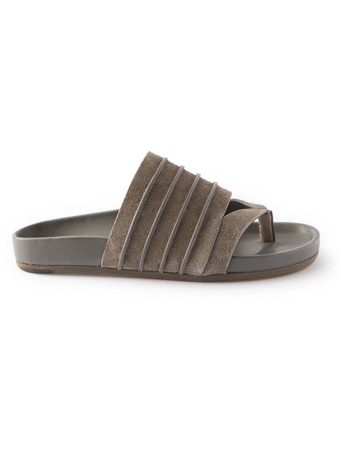 Photo: Rick Owens - Ruhlmann Granola Ribbed Suede-Trimmed Leather Sandals - Gray