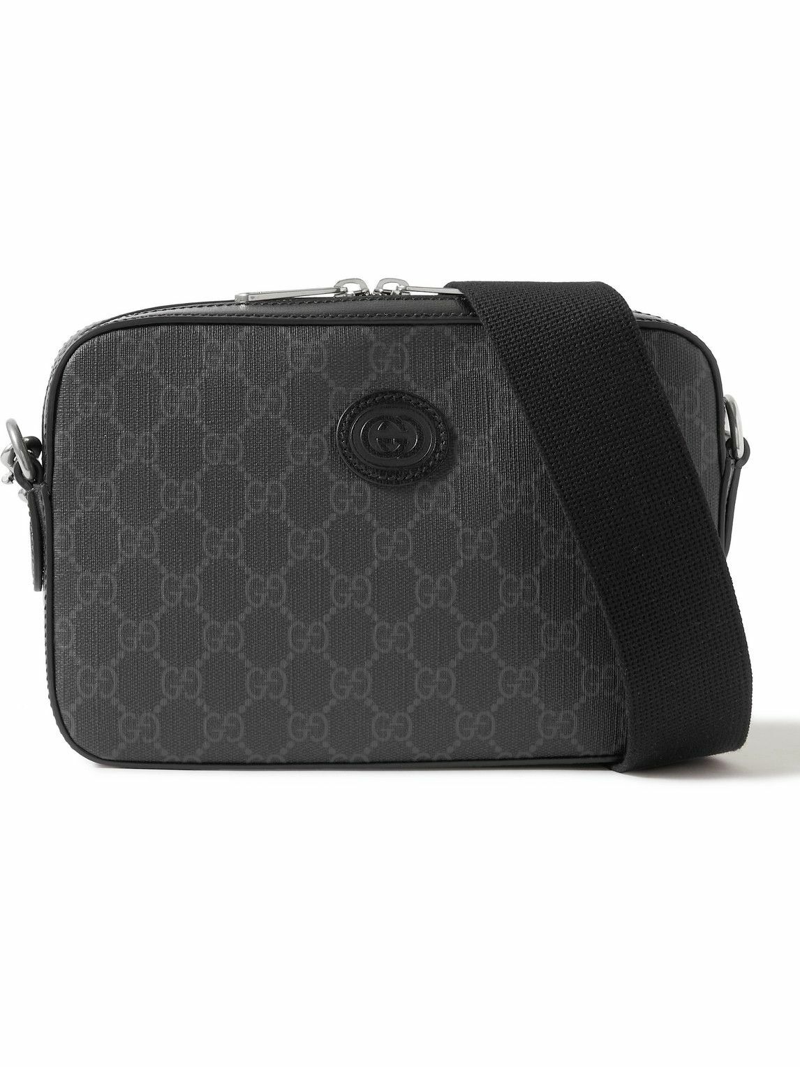 gucci leather trimmed monogrammed coated canvas messenger bag
