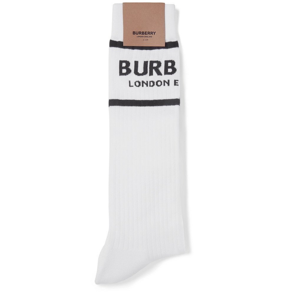 Burberry - Ribbed Logo-Intarsia Stretch Cotton-Blend Socks - White Burberry