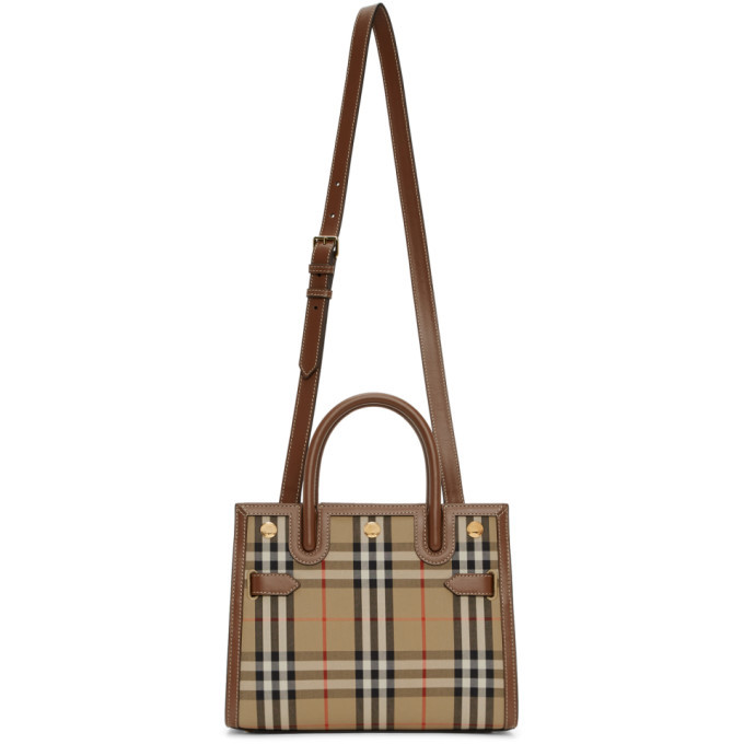 Burberry Brown and Beige Small Vintage Check Two-Handle Title Bag Burberry