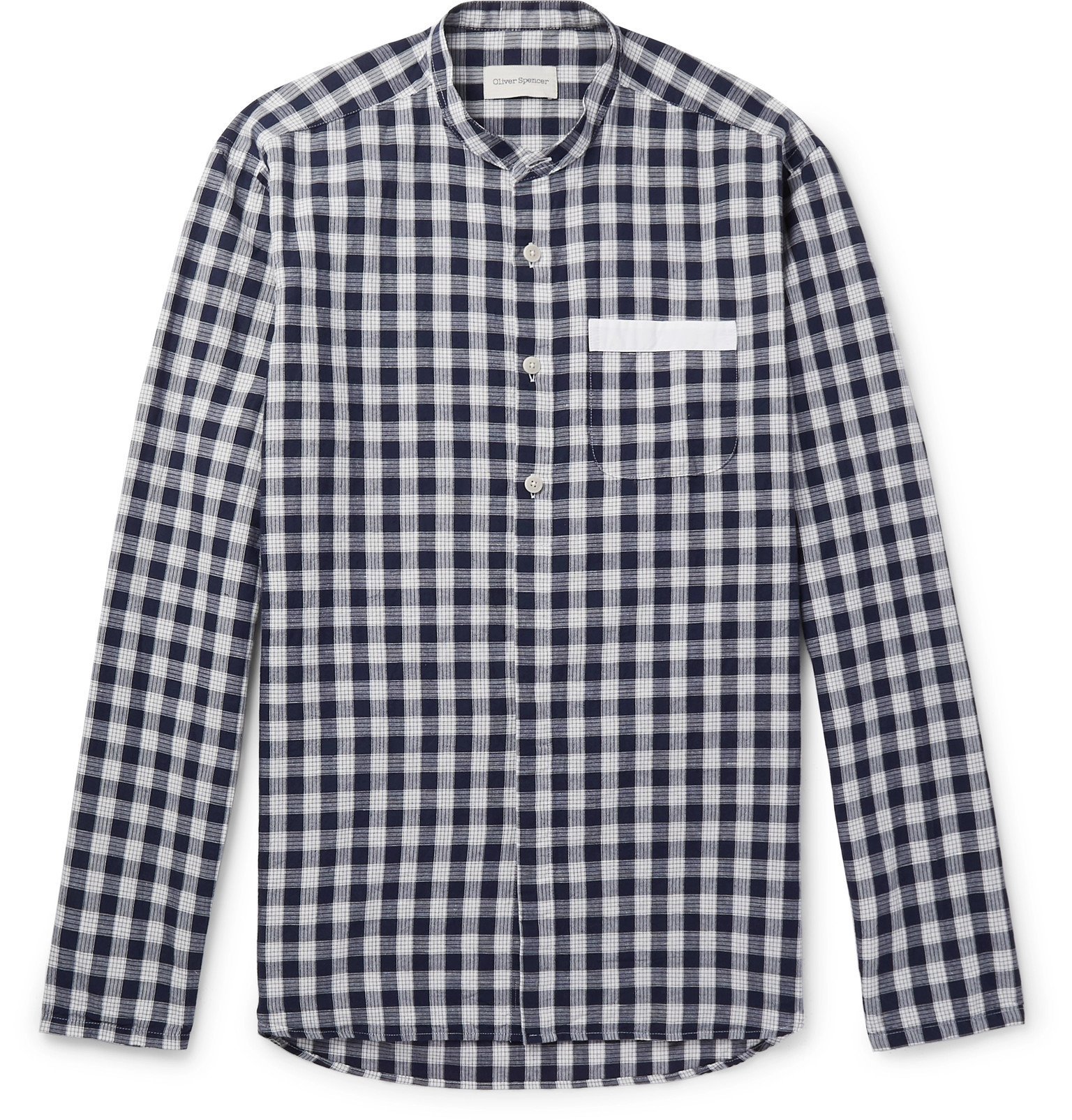 Oliver Spencer - Hatch Grandad-Collar Checked Cotton and Linen-Blend Shirt - Blue