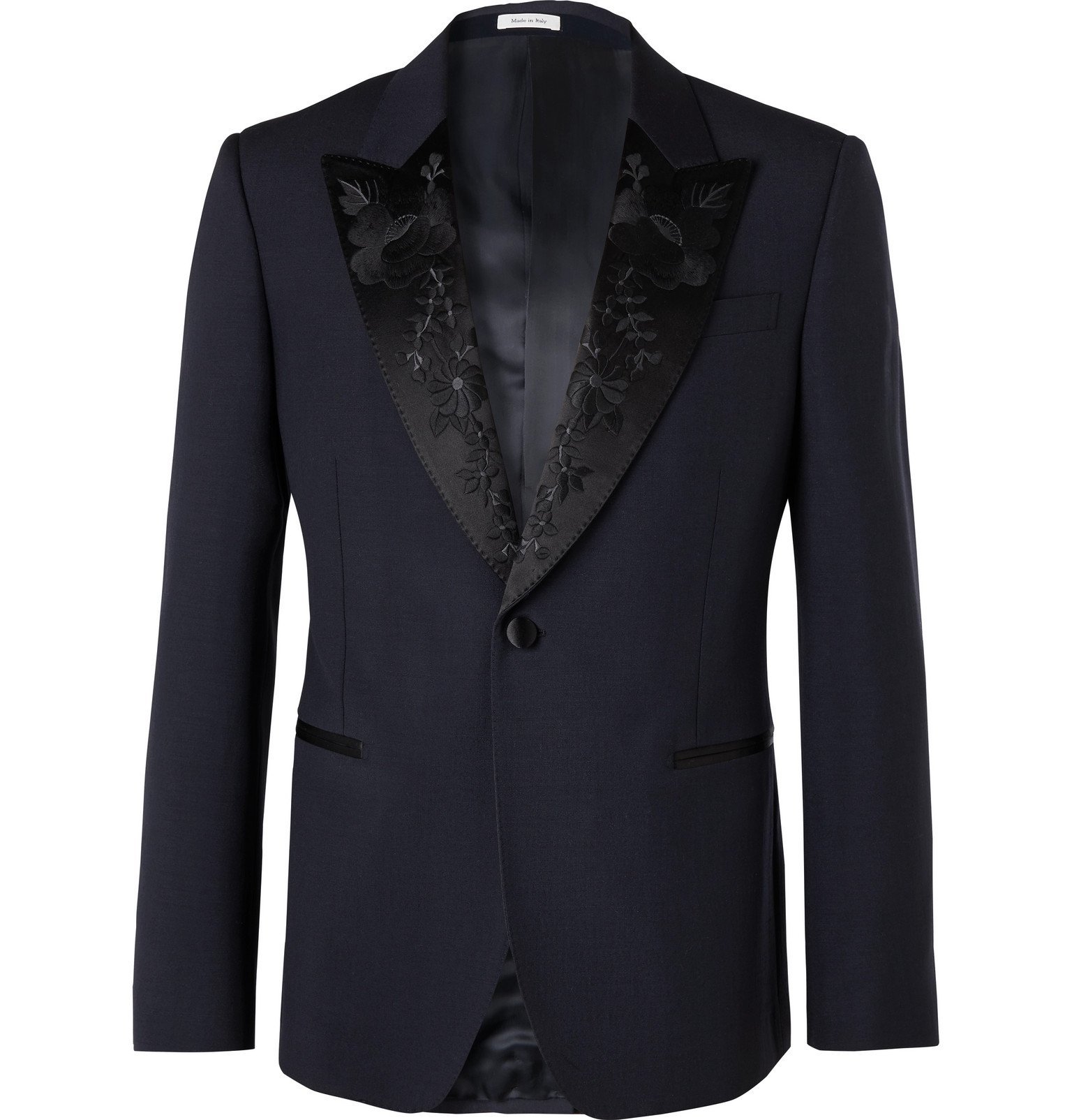 Alexander McQueen - Navy Slim-Fit Silk-Satin Jacquard-Trimmed Wool and ...