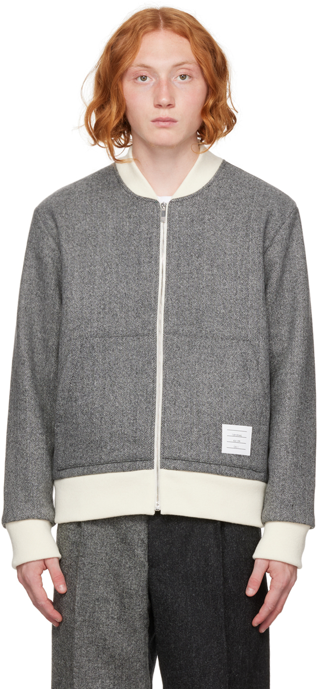 Thom Browne Black & Off-White Herringbone Bomber Jacket Thom Browne