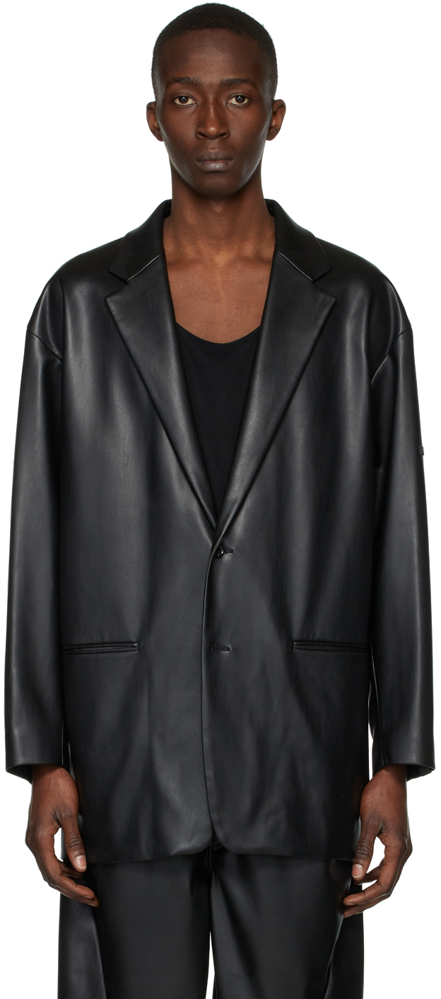 N.Hoolywood Black Faux-Leather Blazer N.Hoolywood