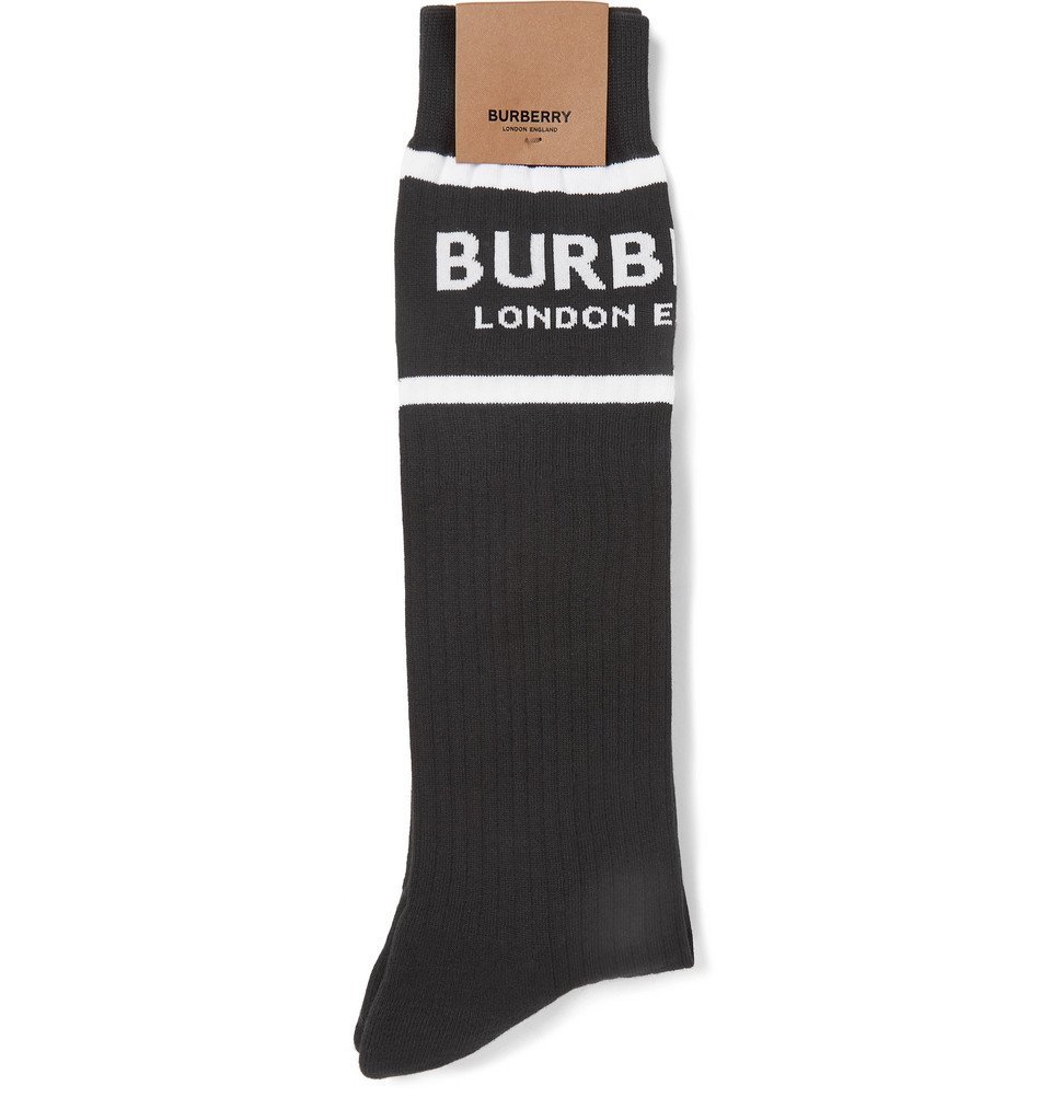 Burberry - Ribbed Logo-Intarsia Stretch Cotton-Blend Socks - Black Burberry