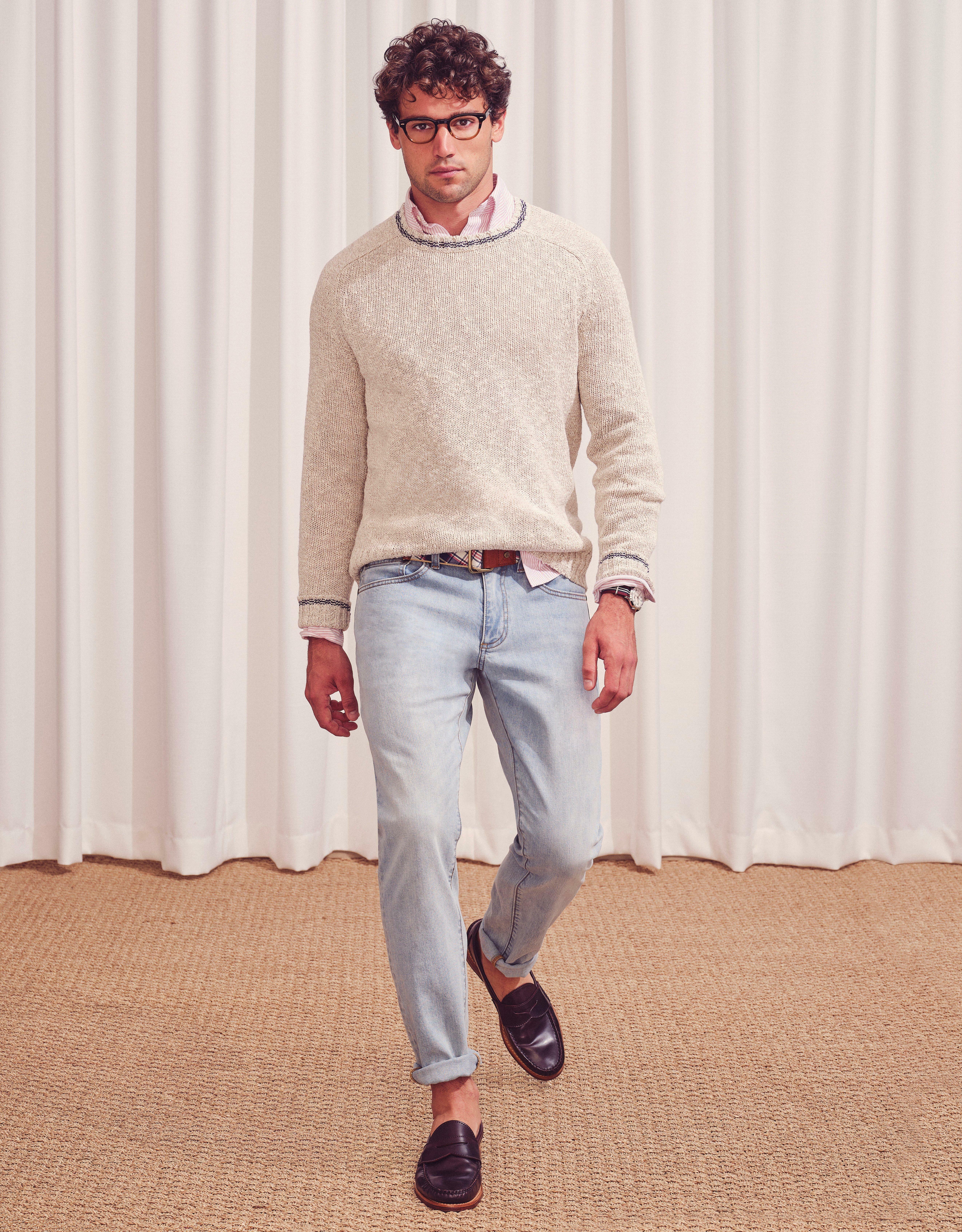 Brooks Brothers Men's Cotton-Linen Tipped Jacquard Crewneck Sweater | Oatmeal