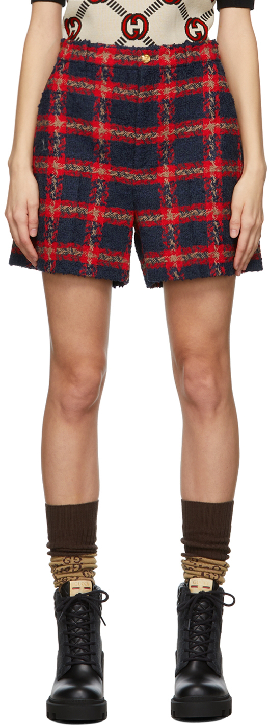 Gucci Navy & Red Check Tweed Shorts Gucci