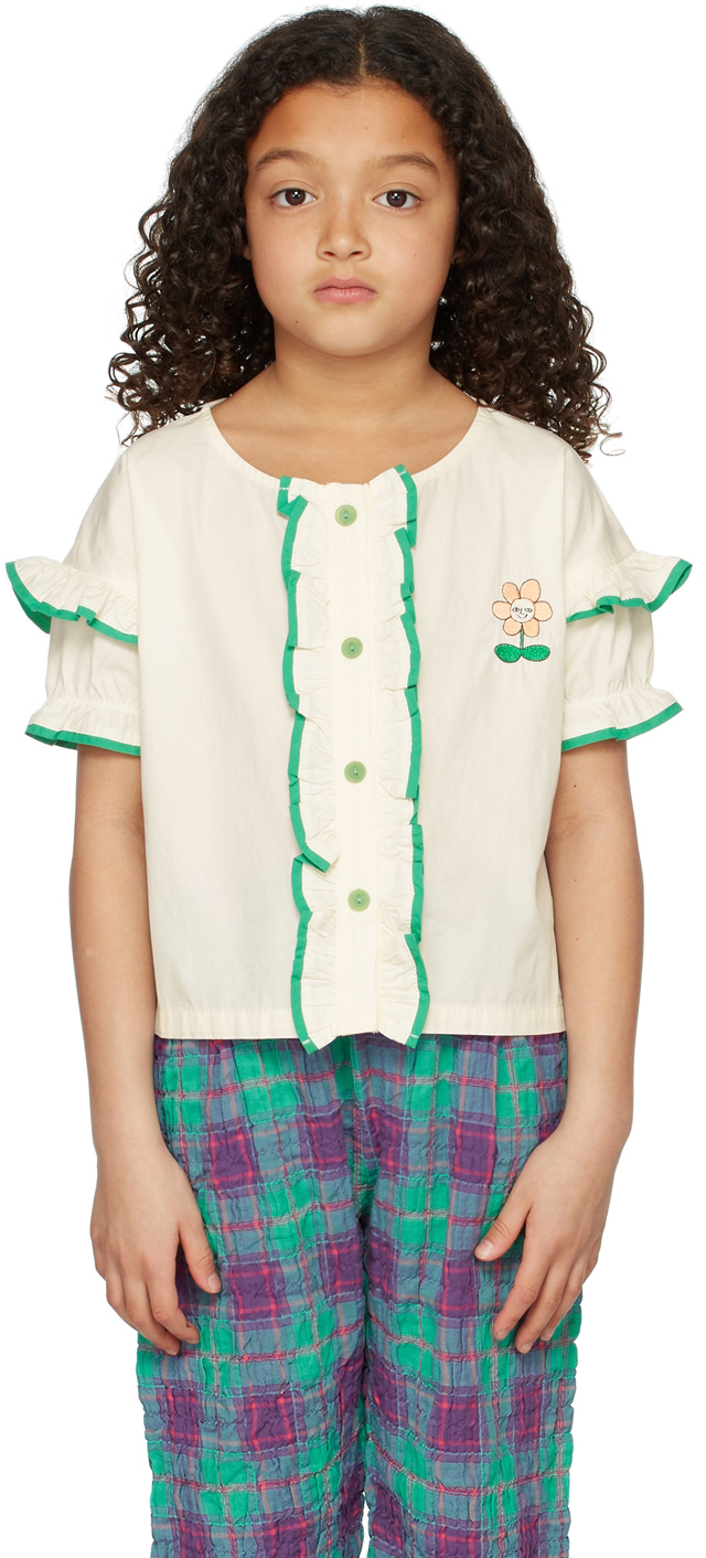 The Campamento Kids Off-White & Green Ruffle Trim Short Sleeve Shirt