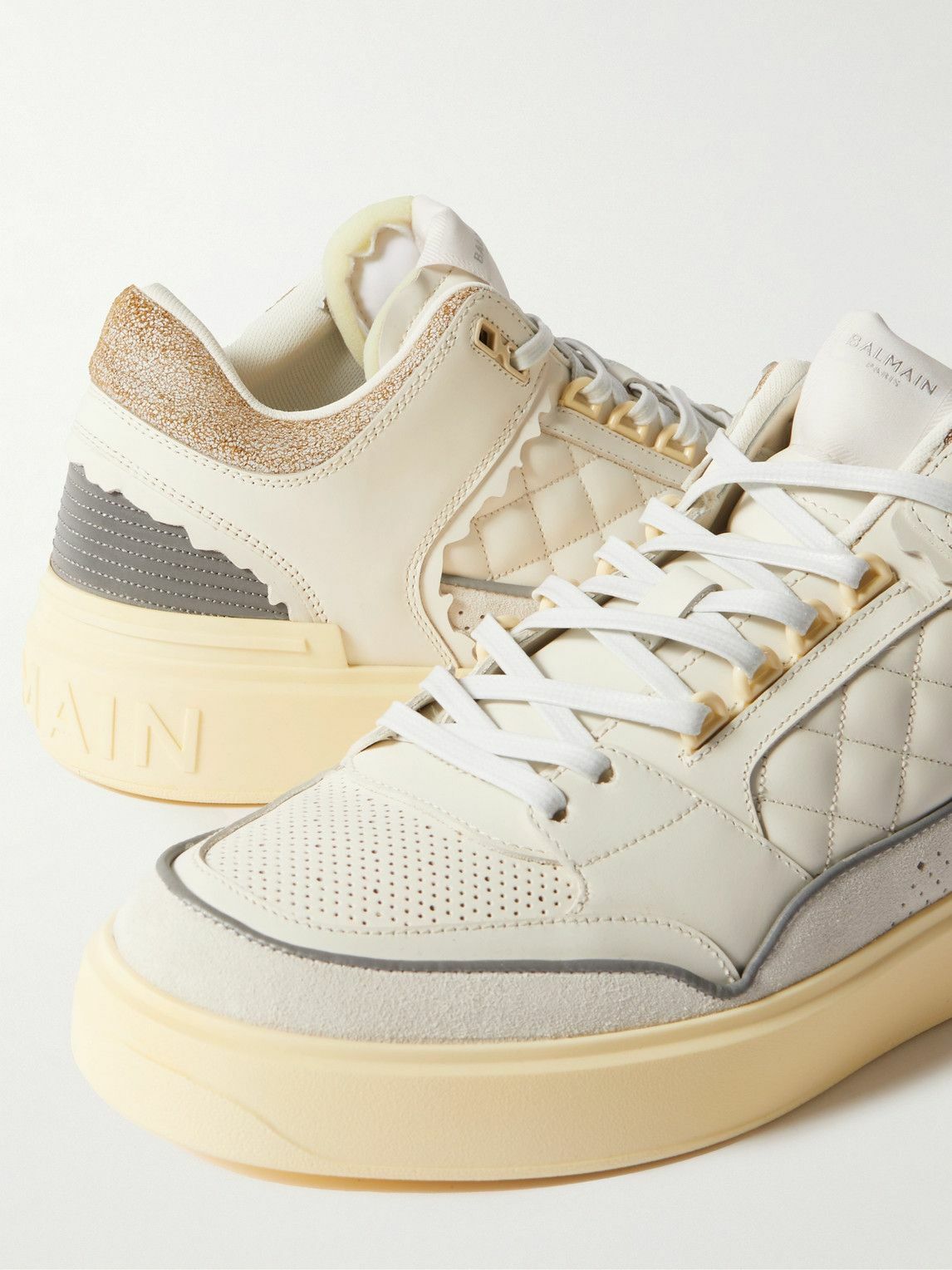 Balmain - B-Court Panelled Distressed Leather And Suede Sneakers ...