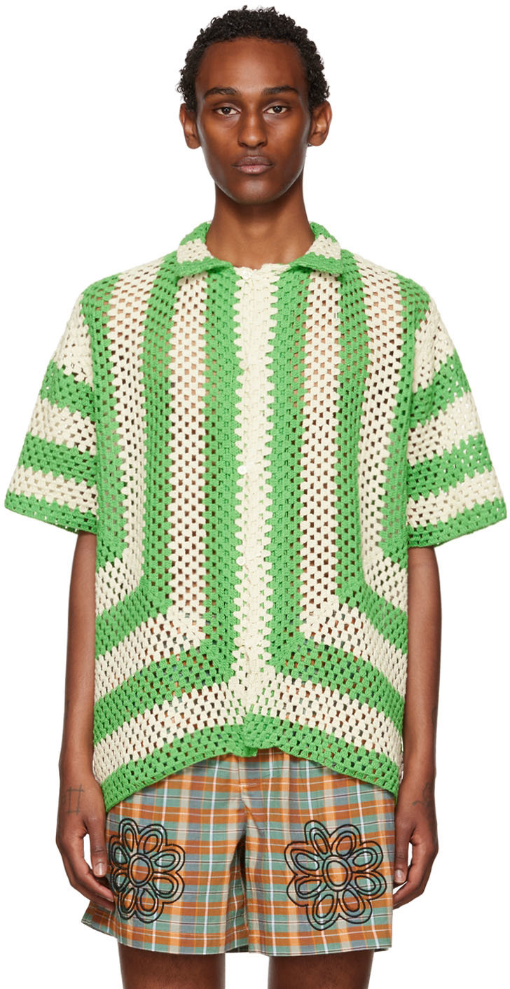 Bode Green & White Crochet Shirt Bode