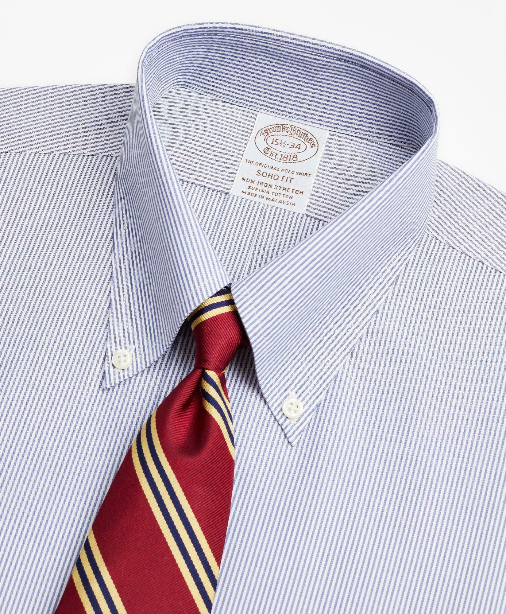 Brooks Brothers Men's Stretch Soho Extra-Slim-Fit Dress Shirt, Non-Iron Poplin Button-Down Collar Fine Stripe | Navy