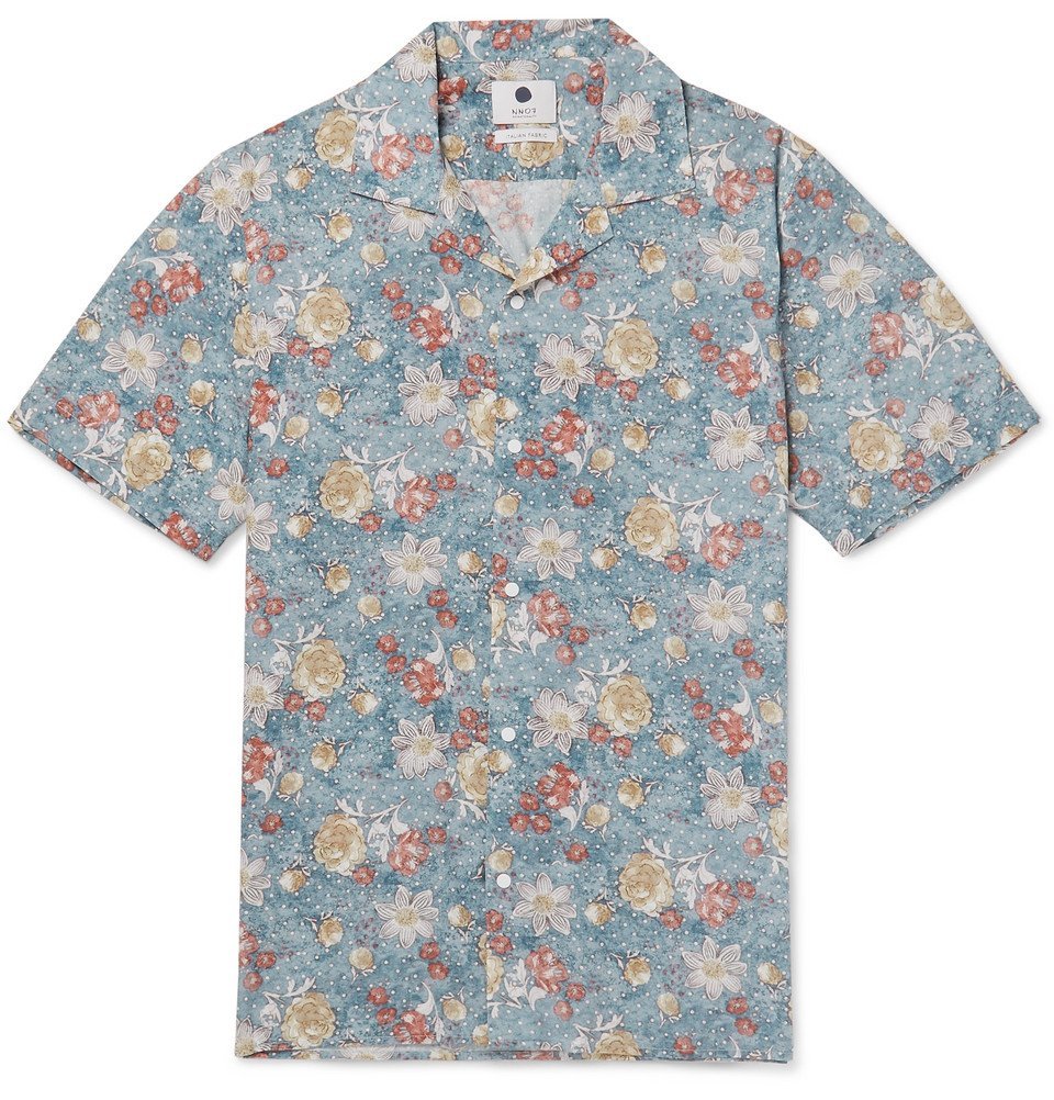 Nn07 Miyagi Camp Collar Printed Cotton Shirt Blue Nn07