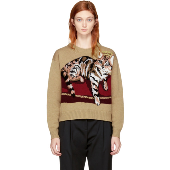 Dolce and Gabbana Tan Cashmere Crowned Bengal Cat Sweater Dolce & Gabbana