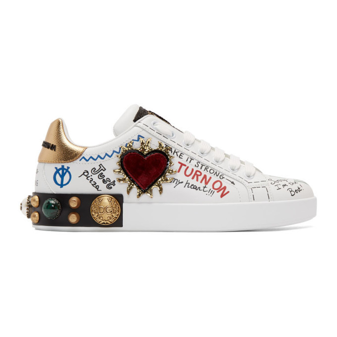 Dolce and Gabbana White Heart Graffiti Sneakers Dolce & Gabbana