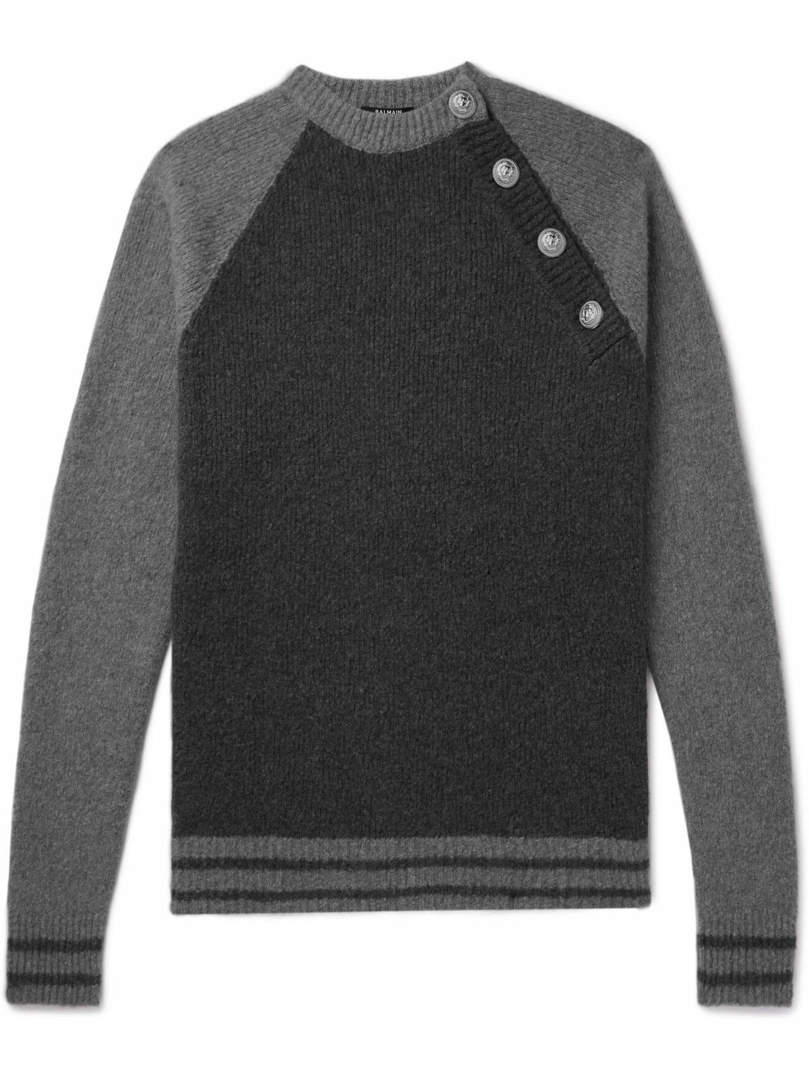 Photo: Balmain - Colour-Block Button-Embellished Wool-Blend Sweater - Gray