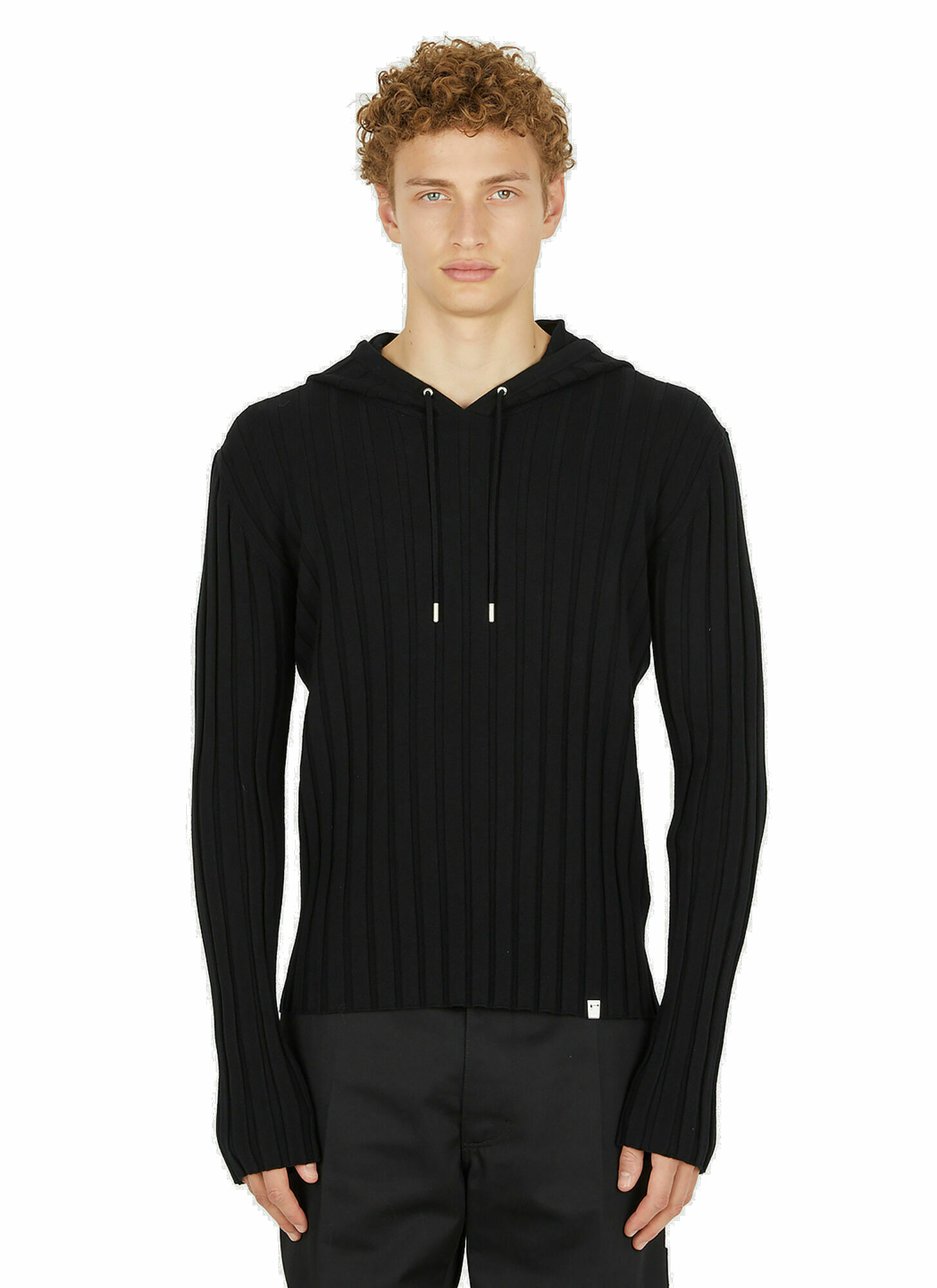 Photo: Ribbed Knit Hooded Sweatshirt in Black