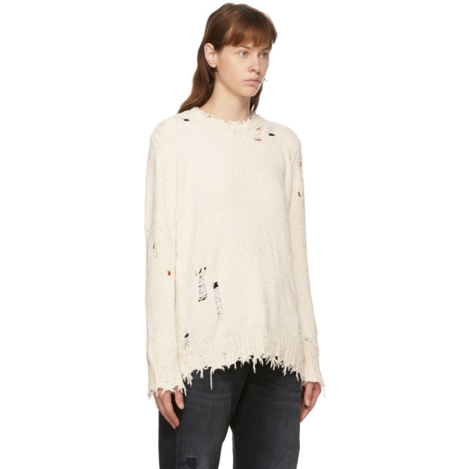 White Chenille Distressed Sweater R13