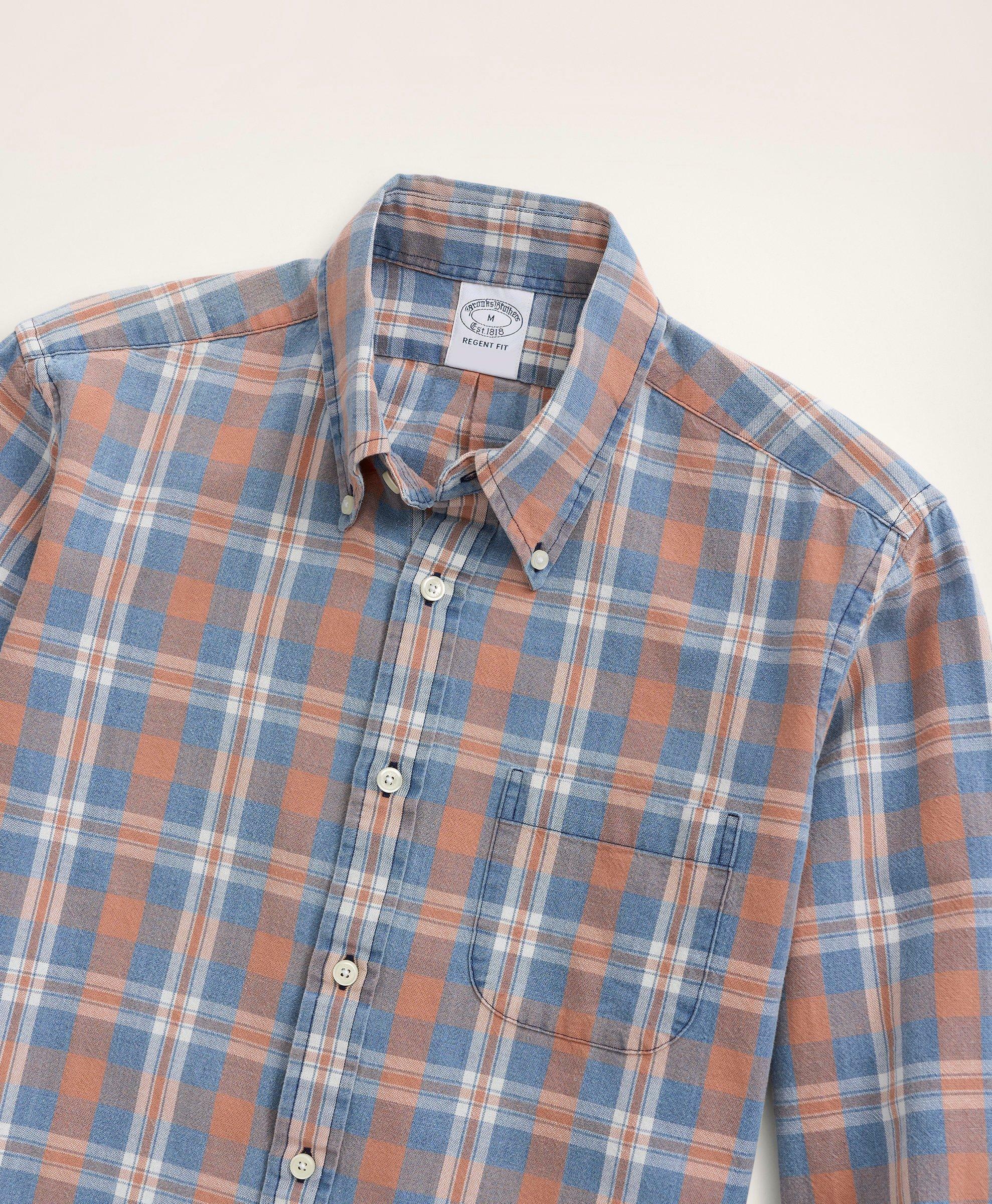 Brooks Brothers Men's Regent Regular-Fit Oxford Sport Shirt, Plaid Weave | Indigo/Coral