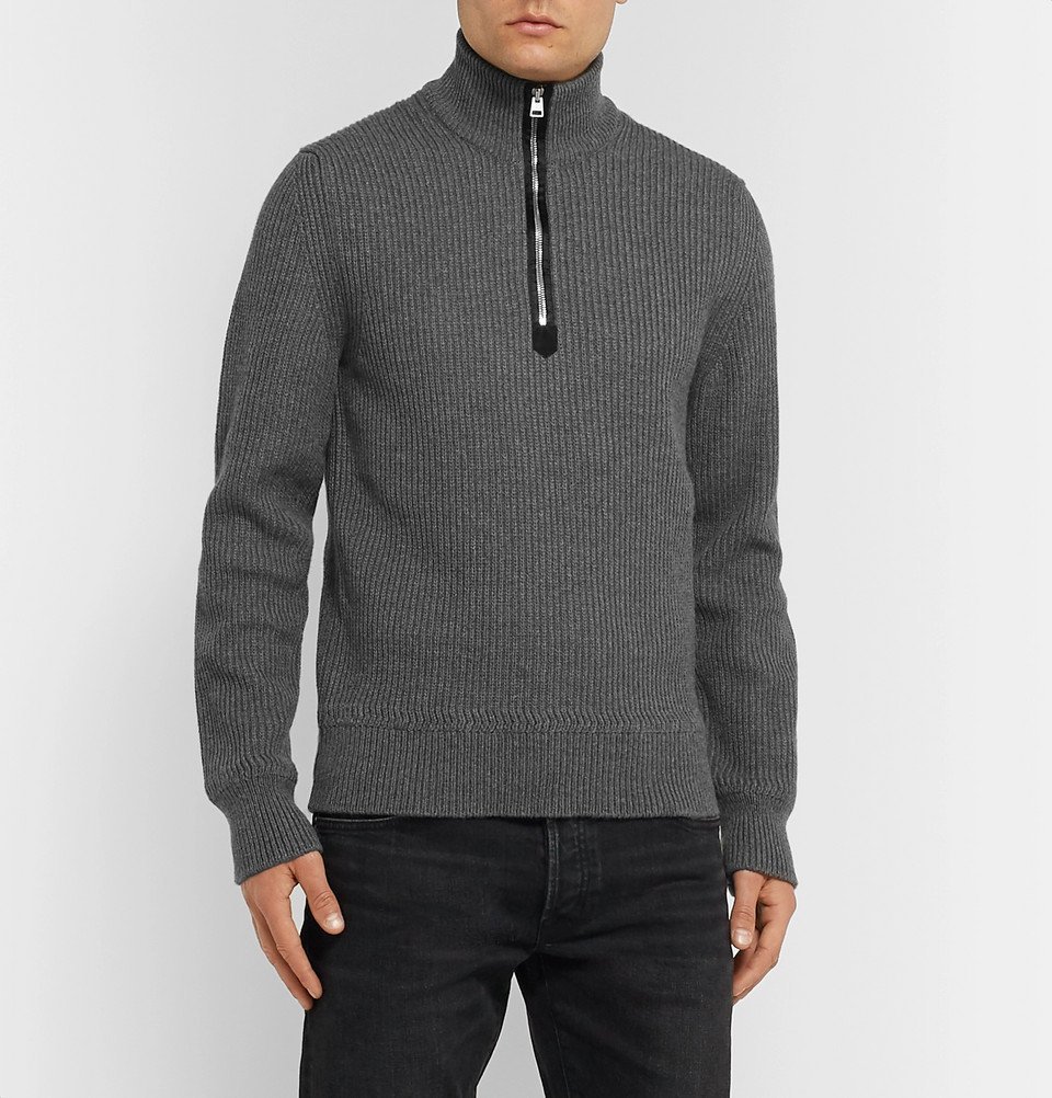 TOM FORD - Ribbed Wool and Cashmere-Blend Half-Zip Sweater - Gray TOM FORD