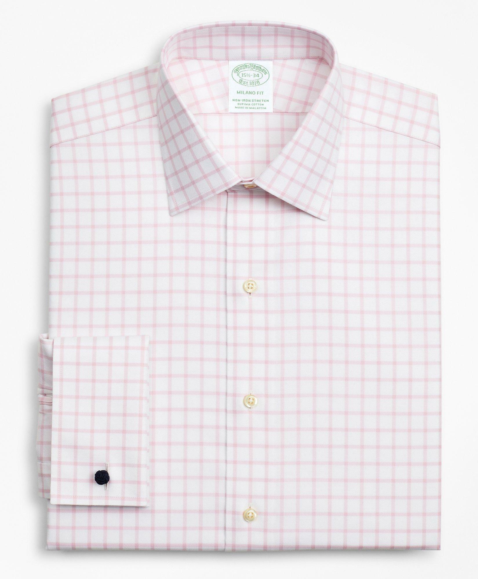 Brooks Brothers Men's Stretch Milano Slim-Fit Dress Shirt, Non-Iron Twill Ainsley Collar French Cuff Grid Check | Pink