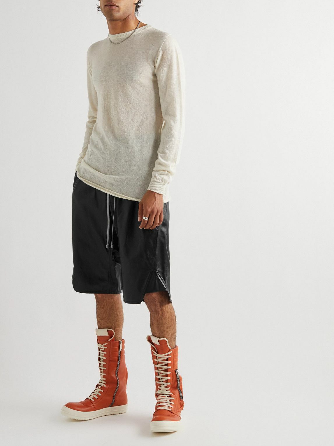 Rick Owens - Basket Wide-Leg Leather Drawstring Shorts - Black