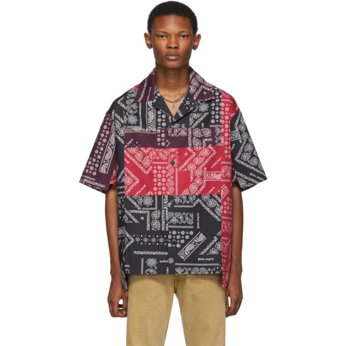 Palm Angels Red and Black Bandana Patchwork Bowling Shirt Palm Angels