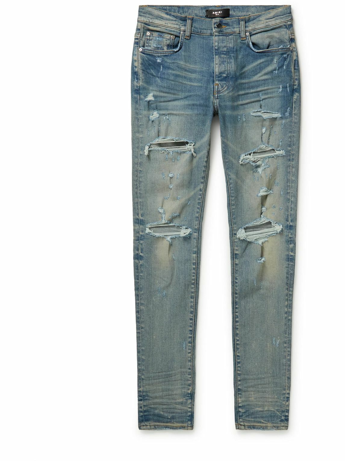 AMIRI - Thrasher Plus Skinny-Fit Distressed Stretch-Denim Jeans - Blue ...