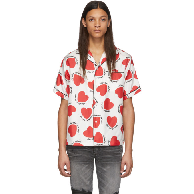 White Silk Hearts Short Sleeve Shirt Amiri