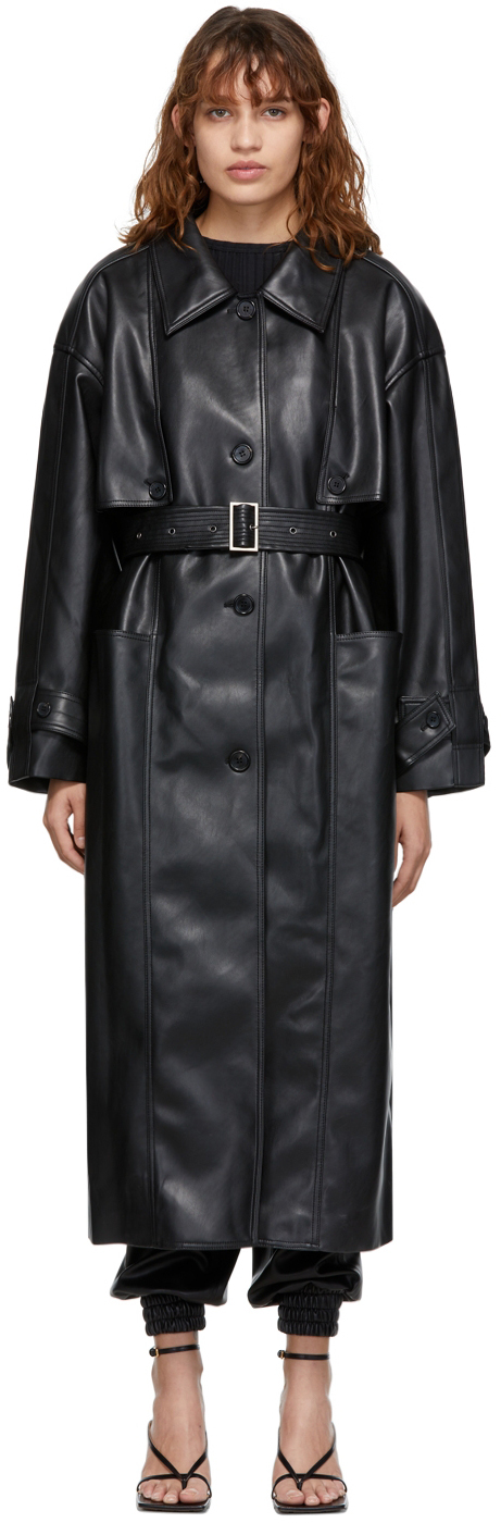 DRAE Black Faux-Leather Trench Coat