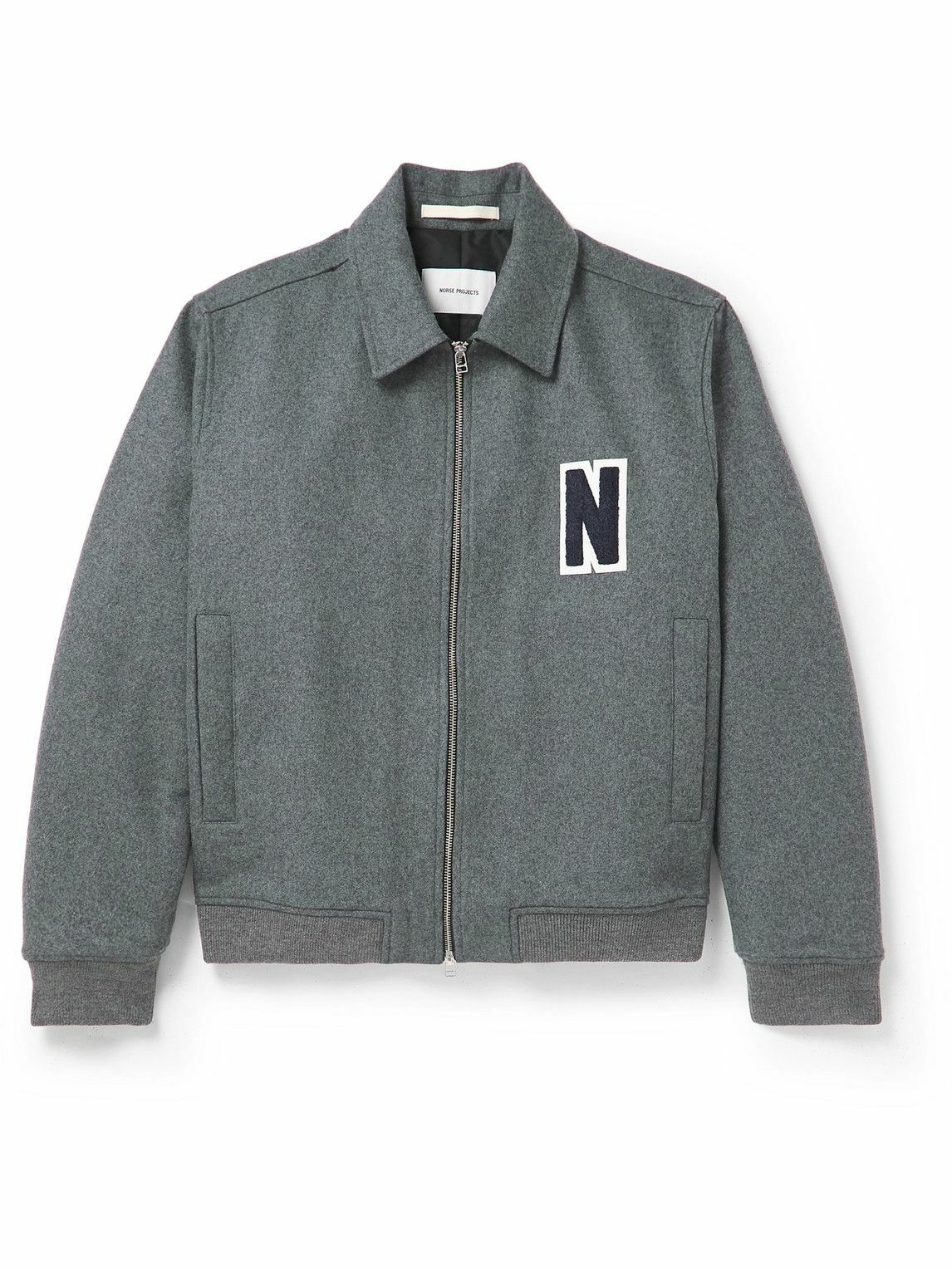 Norse Projects LogoAppliquéd Padded WoolBlend Varsity Jacket Gray