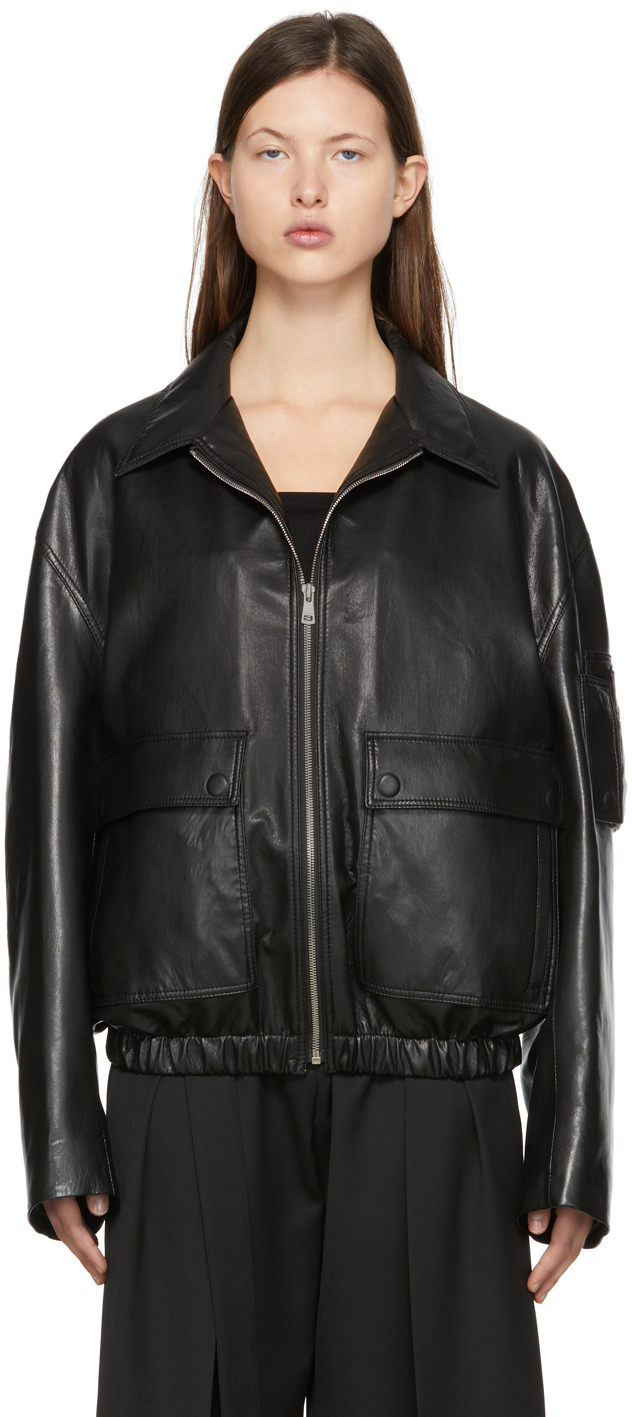 System Black Faux-Leather Bomber Jacket System