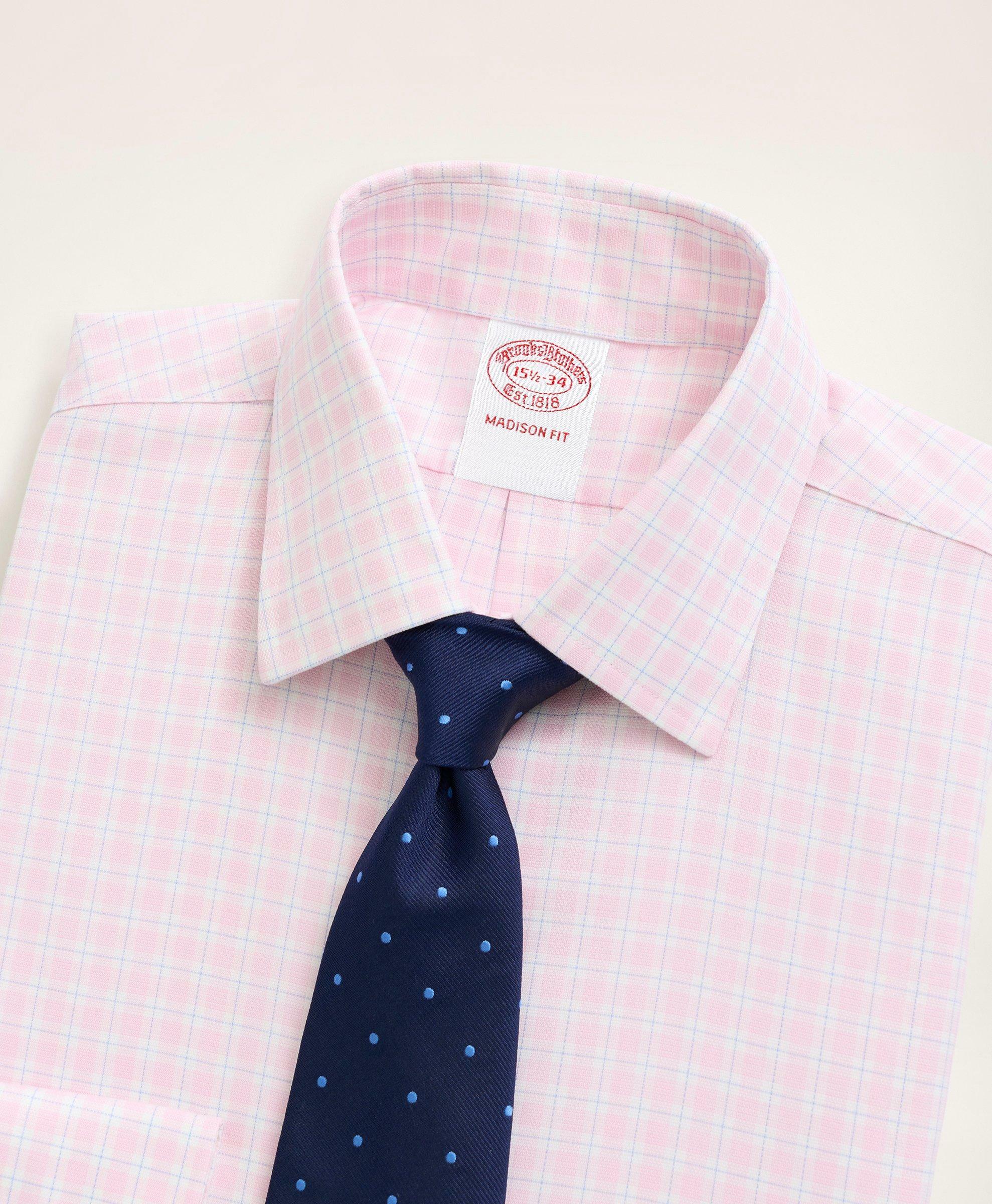 Brooks Brothers Men's Stretch Madison Relaxed-Fit Dress Shirt, Non-Iron Royal Oxford Ainsley Collar Check | Pink