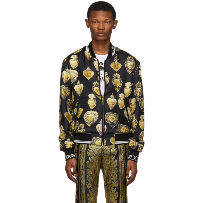 Dolce and Gabbana Black Silk Sacred Heart Bomber Jacket Dolce & Gabbana