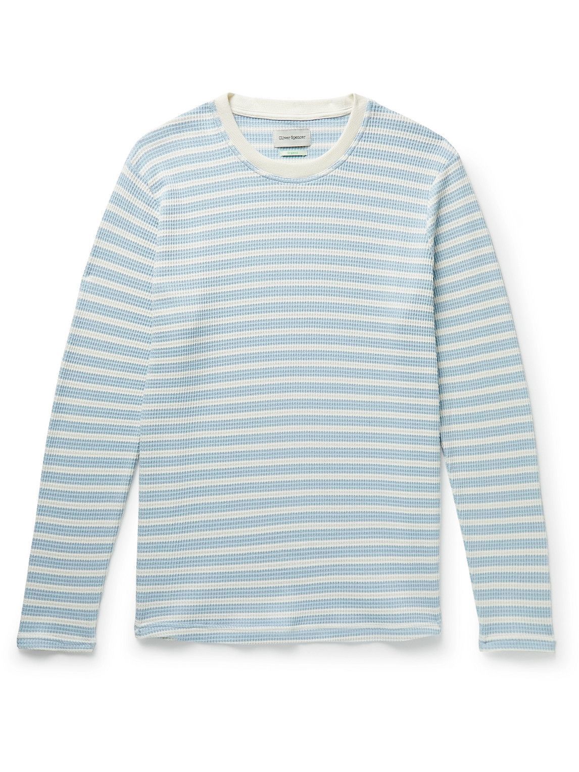 Photo: Oliver Spencer - Striped Waffle-Knit Organic Cotton-Blend T-Shirt - Blue