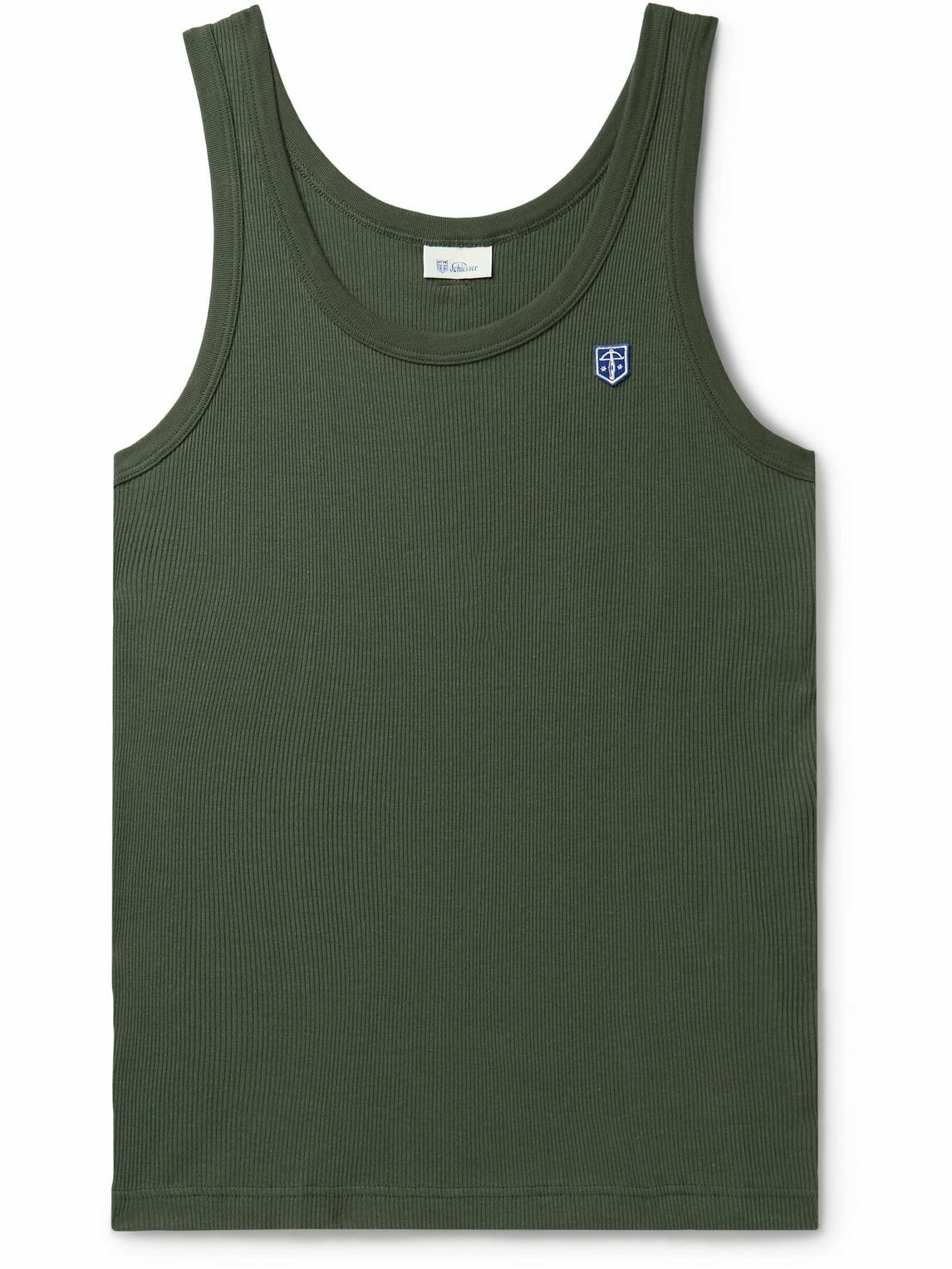 Photo: Schiesser - Friedrich Slim-Fit Logo-Appliquéd Ribbed Cotton-Jersey Tank Top - Green