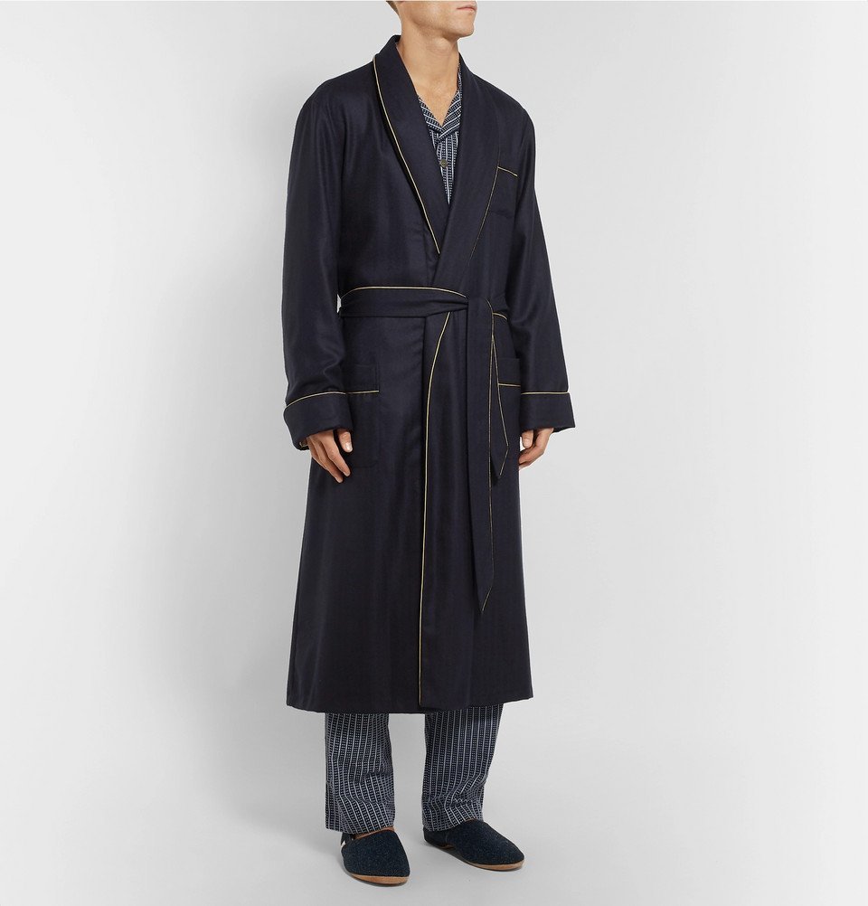 Derek Rose - Duke Silk-Trimmed Herringbone Cashmere Robe - Men - Navy ...