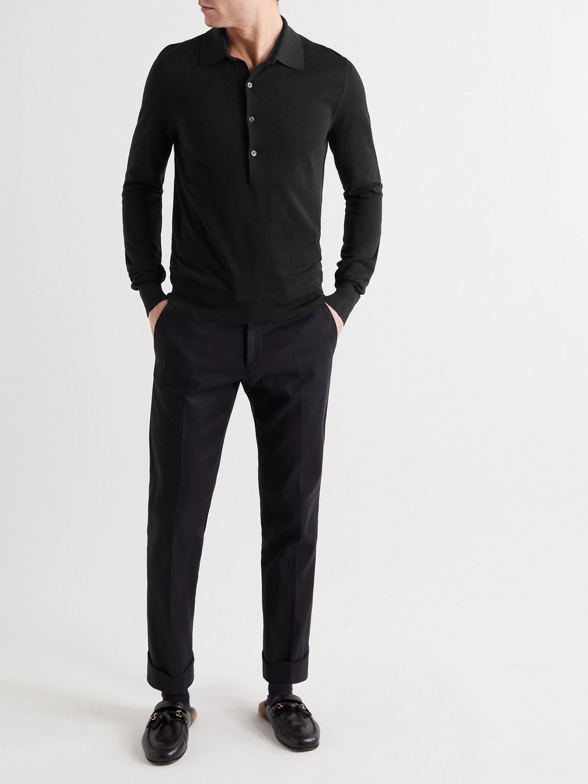 TOM FORD - Silk and Cotton-Blend Piqué Polo Shirt - Black TOM FORD