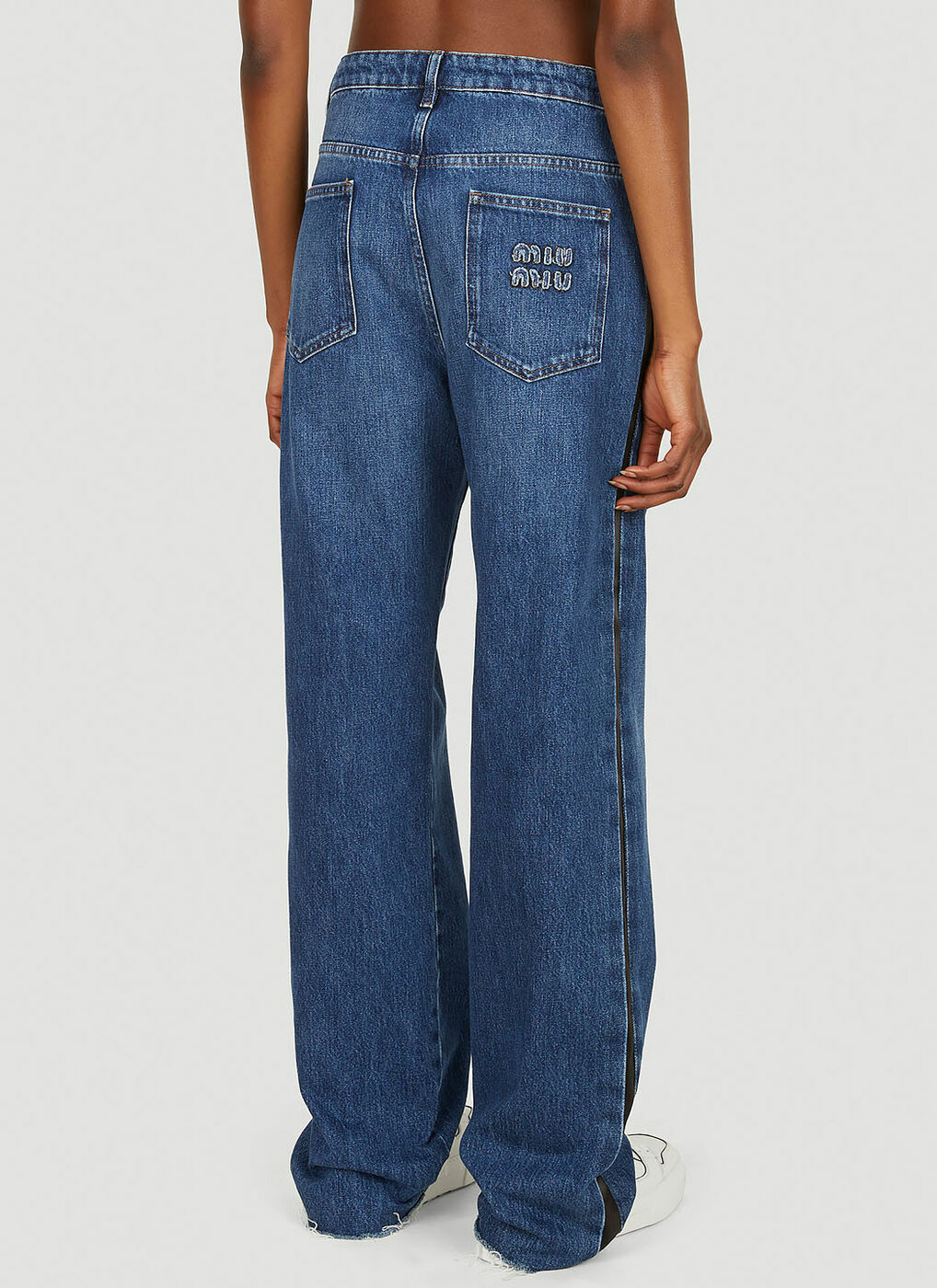 Logo Patch Wide Leg Jeans in Blue Miu Miu