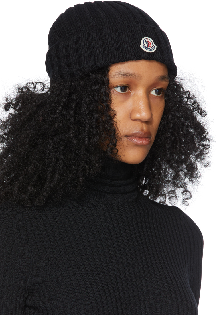 Moncler Black Wool Rib Knit Logo Beanie 