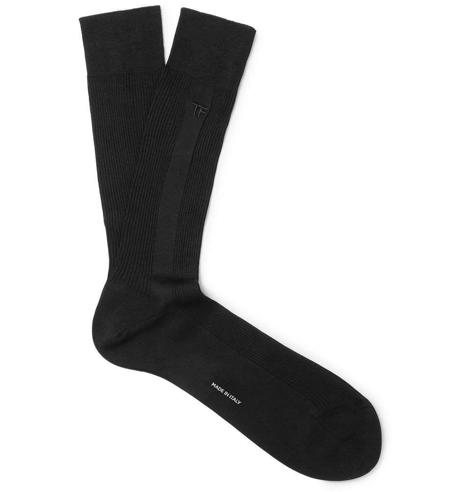 TOM FORD - Logo-Embroidered Ribbed Cotton Socks - Men - Black TOM FORD