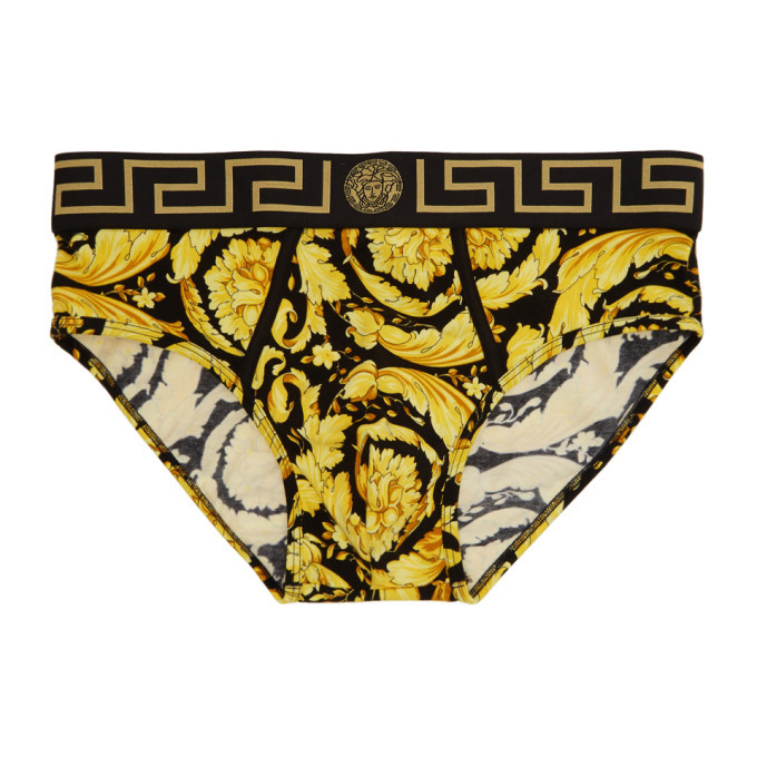 Versace Underwear Black and Gold Barocco Briefs Versace Underwear
