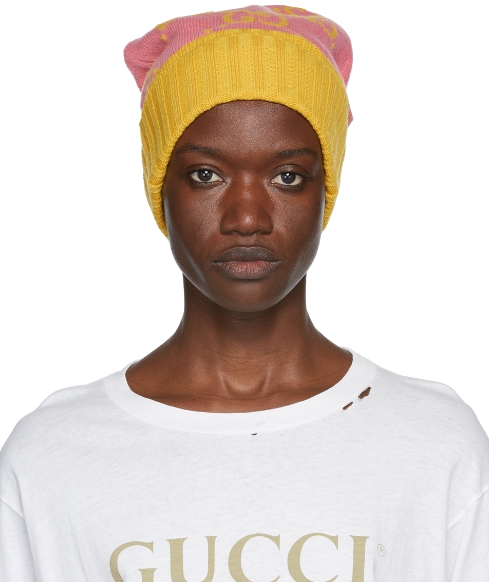 Gucci Pink & Yellow Wool GG Beanie Gucci