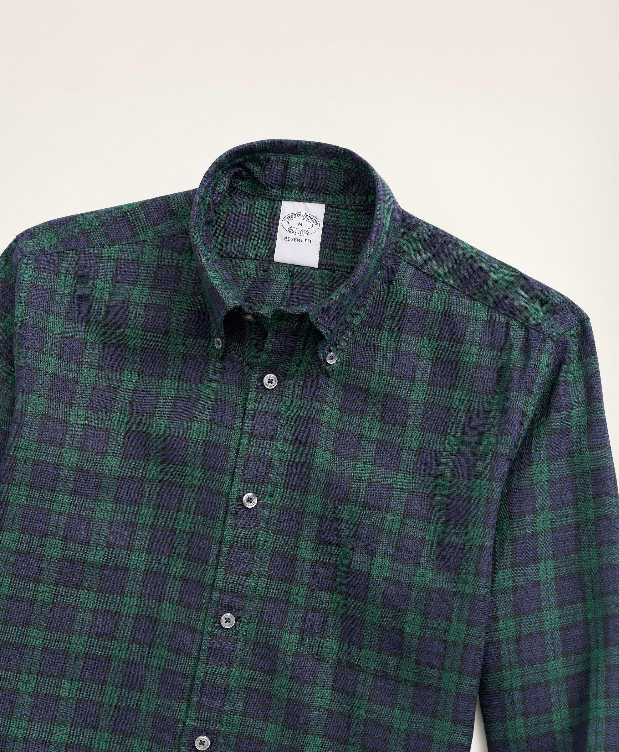 Brooks Brothers Men's Regent Regular-Fit Irish Linen Faded Tartan Shirt | Navy/Green
