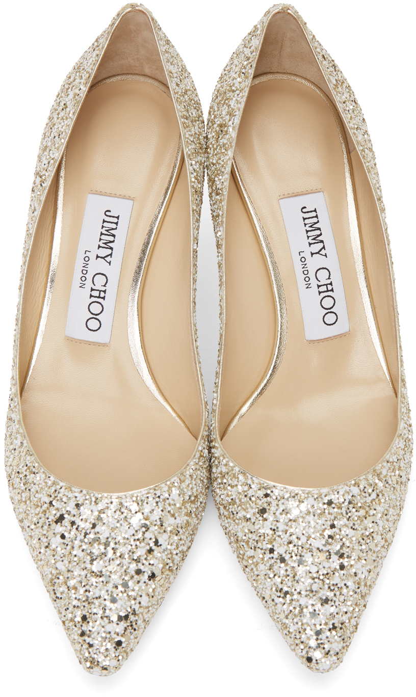 Jimmy Choo White & Gold Infinity Glitter Romy 100 Heels Jimmy Choo