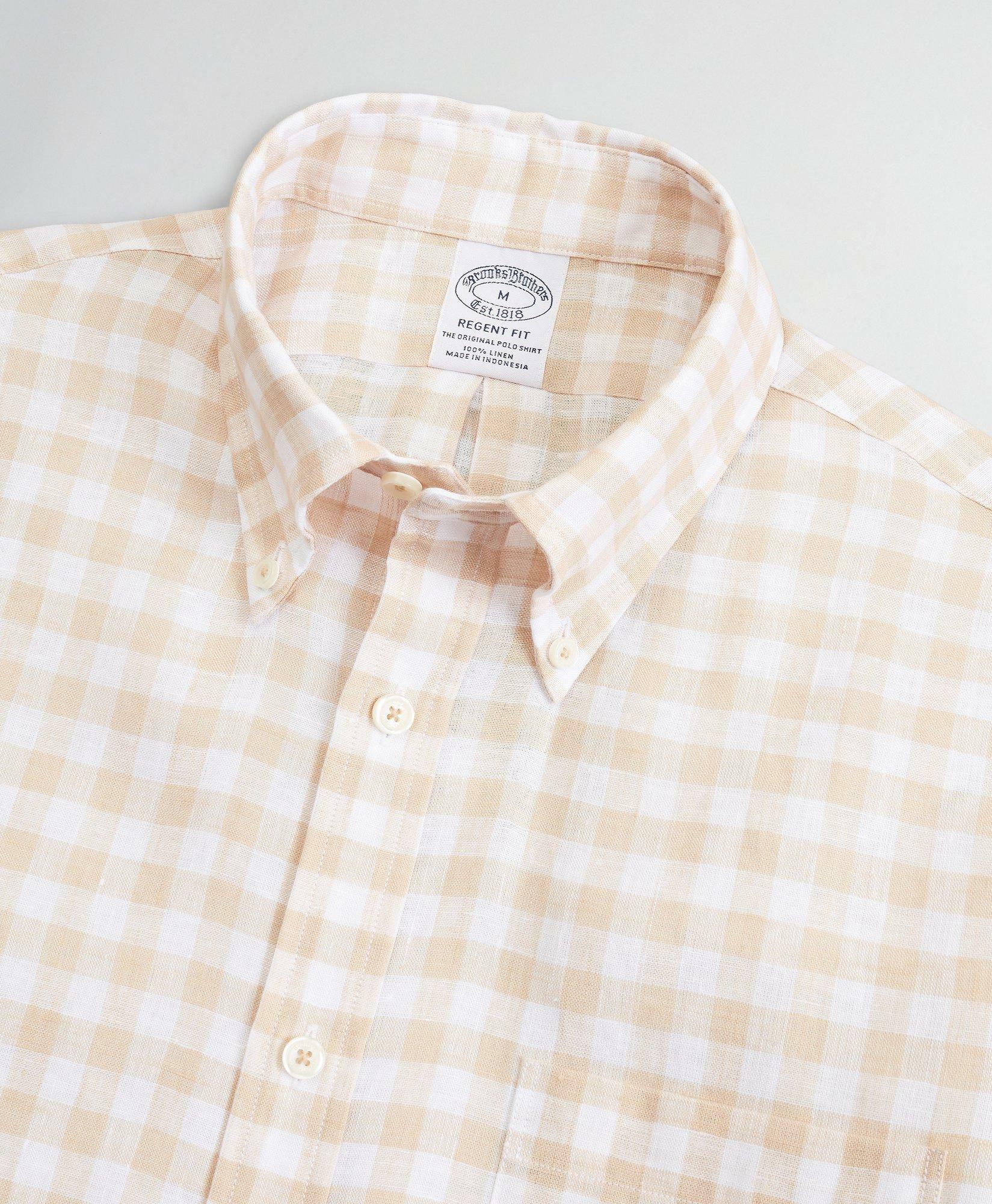 Brooks Brothers Men's Regent Regular-Fit Sport Shirt, Irish Linen Short-Sleeve Gingham | Light Beige