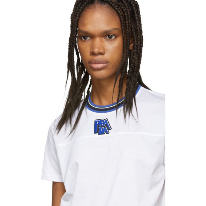 Prada White and Blue Ribbed Collar T-Shirt Prada