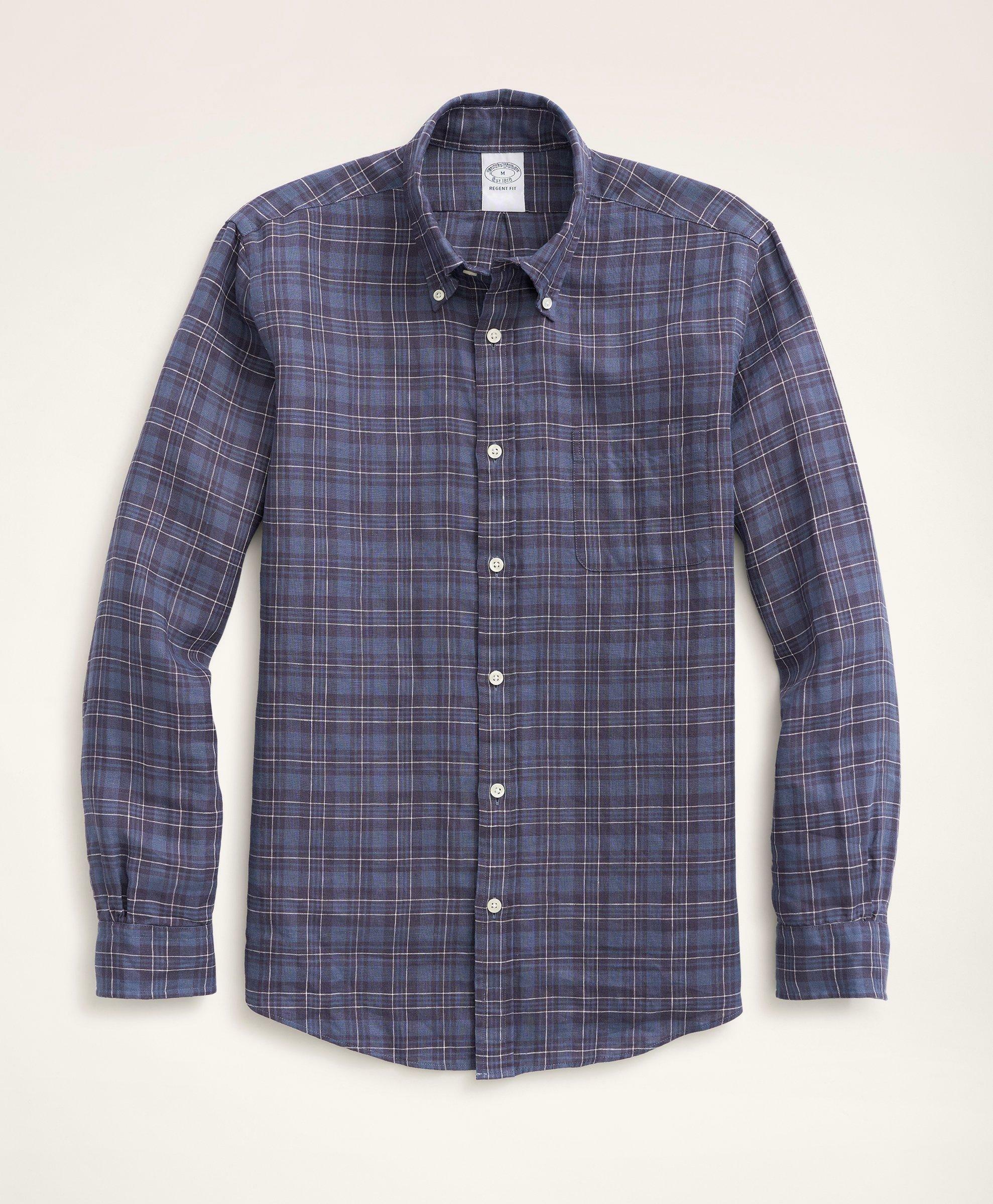 Brooks Brothers Men's Regent Regular-Fit Irish Linen Faded Tartan Shirt | Blue