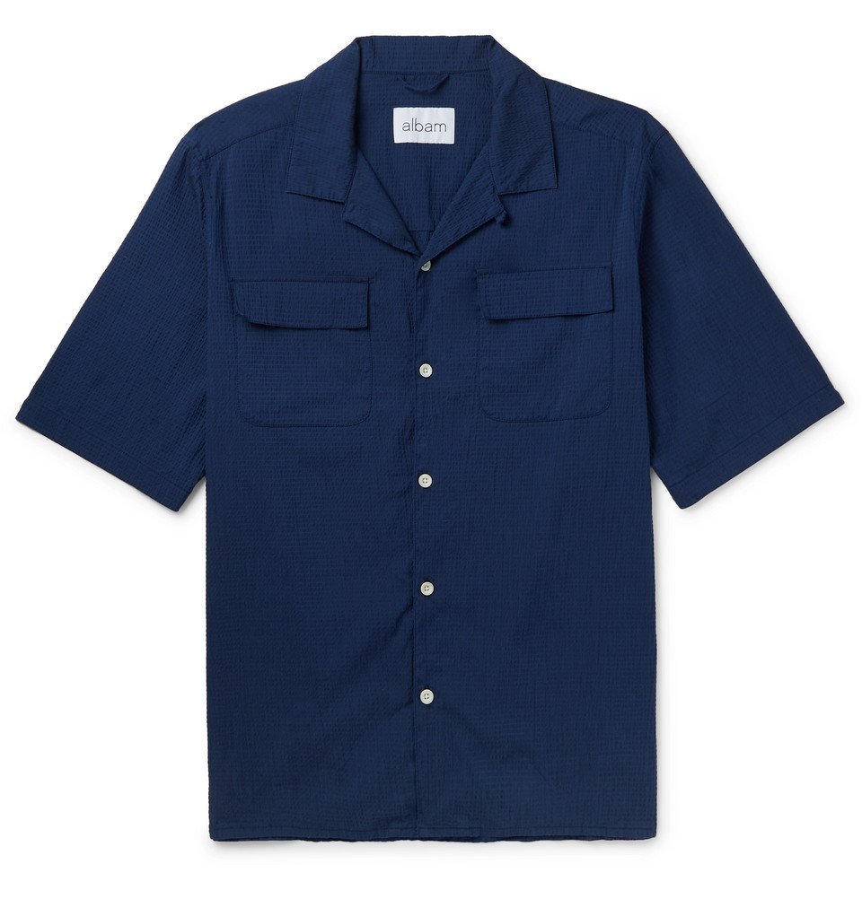 Albam - Camp-Collar Cotton-Blend Seersucker Shirt - Navy Albam